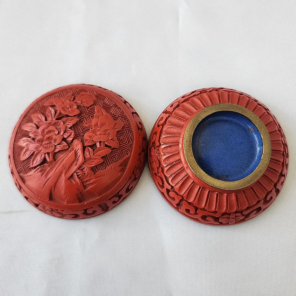 Chinese Cinnabar Lacquer Carved Floral Round Trinket Box Ancient Rare‎ Fine Art